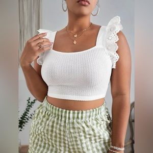 Shein white plus eyelet embroidery ruffle trim crop top. Size 1X. Never worn.